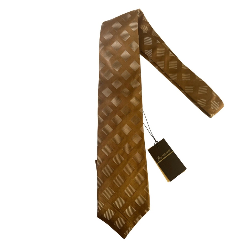 Faconnable Mens Geometric Silk Necktie Neck Tie Golden Brown Italy Handmade NWT